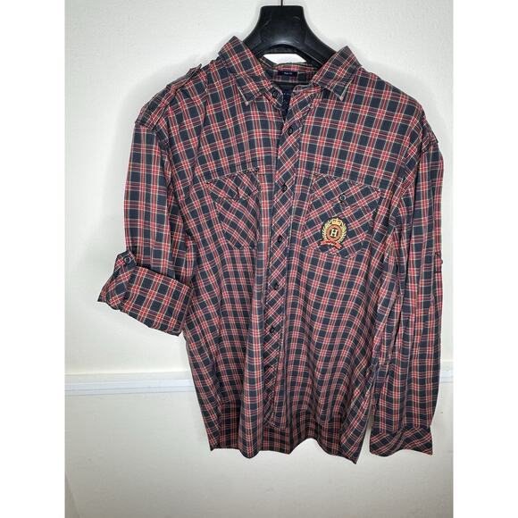 Tommy Hilfiger Big Logo Trim Fit Long Sleeve Button Up Shirt Men’s red Blue‎ XL - Picture 9 of 12